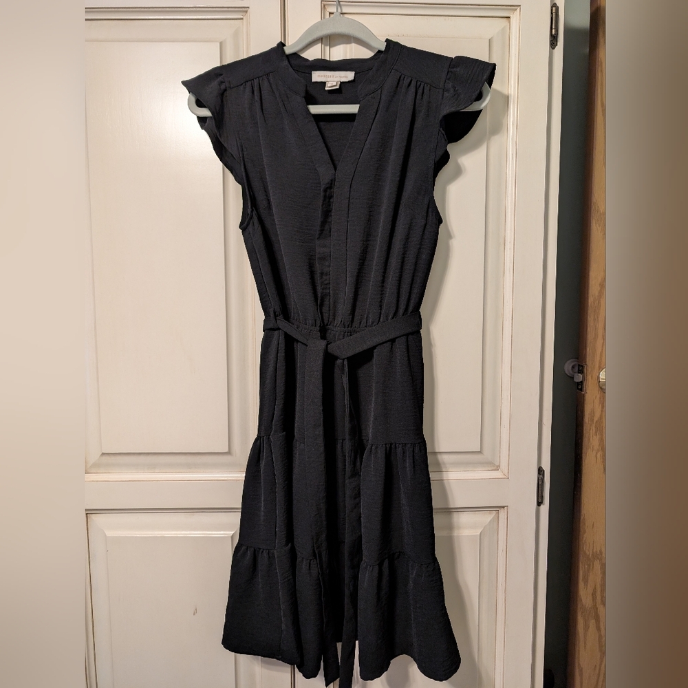 Monteau Black Tiered Belted Midi Dress